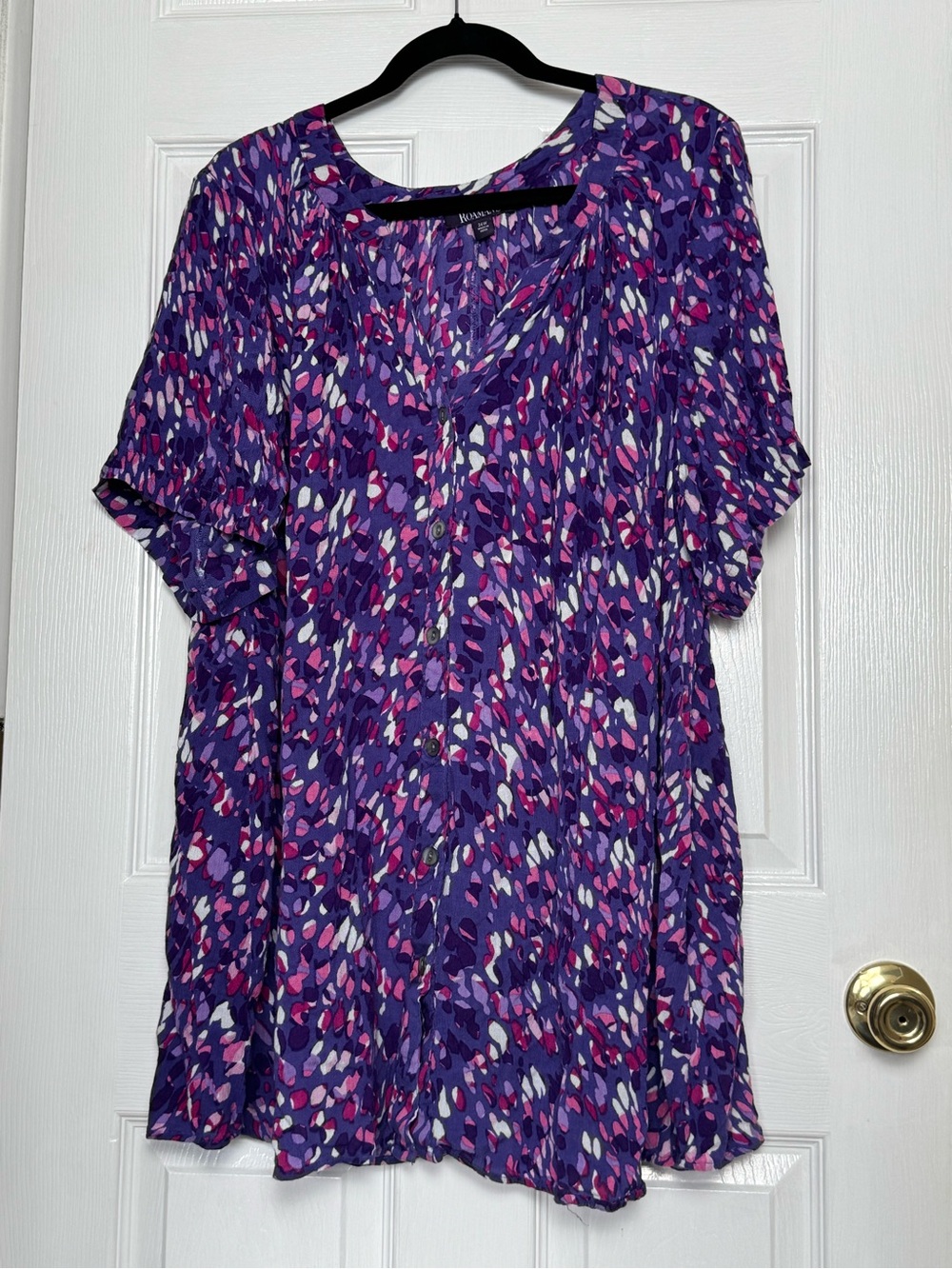 Roman’s Women 24W Purple Printed Short-Sleeve Blouse